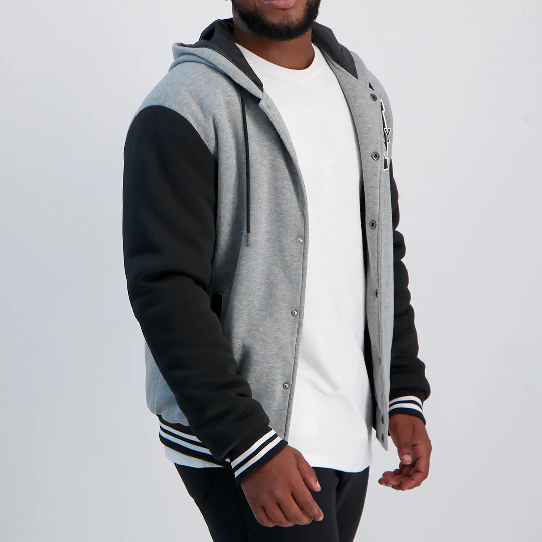 MENS MODA GREY FLEECE VARSITY HOODED JACKET
