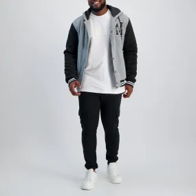 MENS MODA GREY FLEECE VARSITY HOODED JACKET