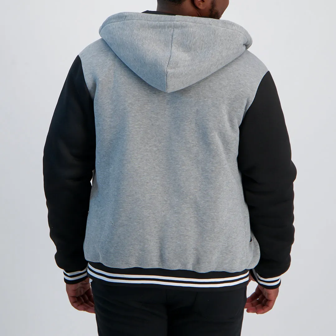 MENS MODA GREY FLEECE VARSITY HOODED JACKET