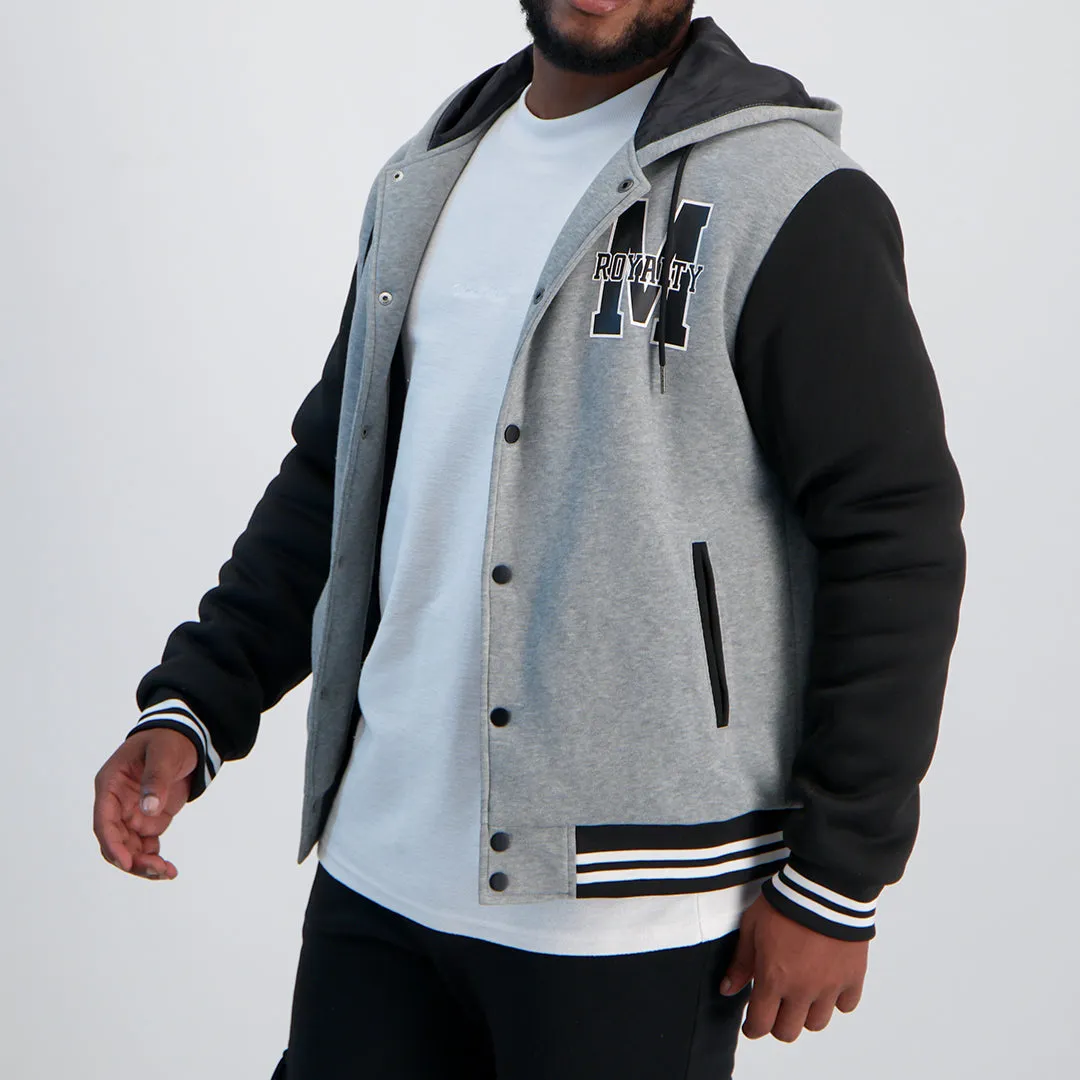 MENS MODA GREY FLEECE VARSITY HOODED JACKET