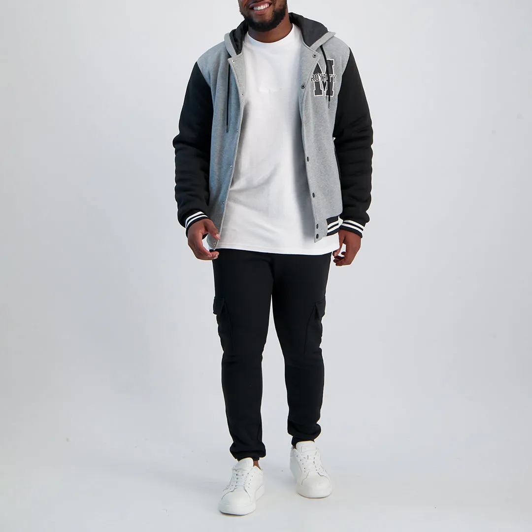 MENS MODA GREY FLEECE VARSITY HOODED JACKET