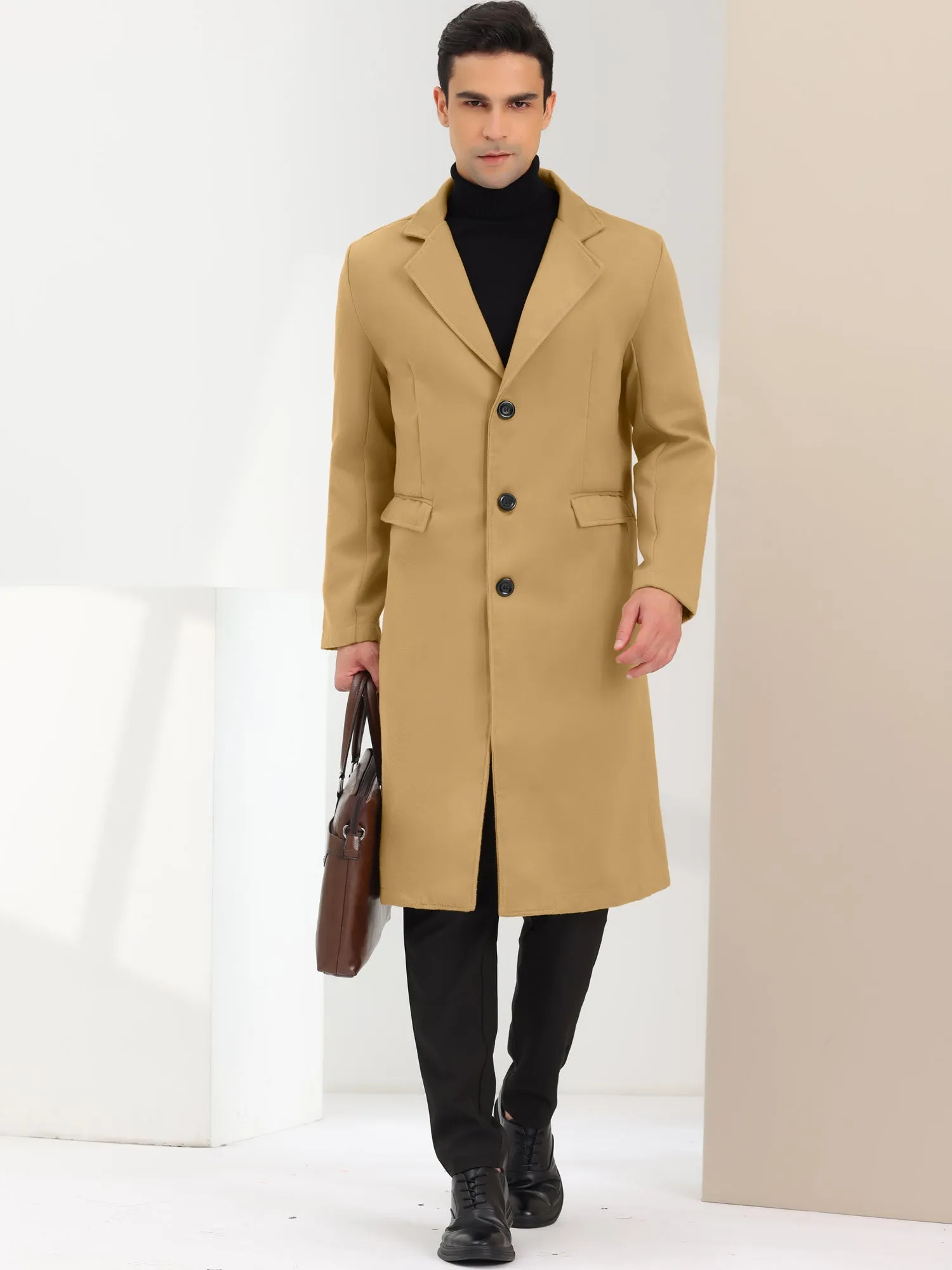 Men's Winter Pea Single Breasted Notched Lapel Long Trench Coat
