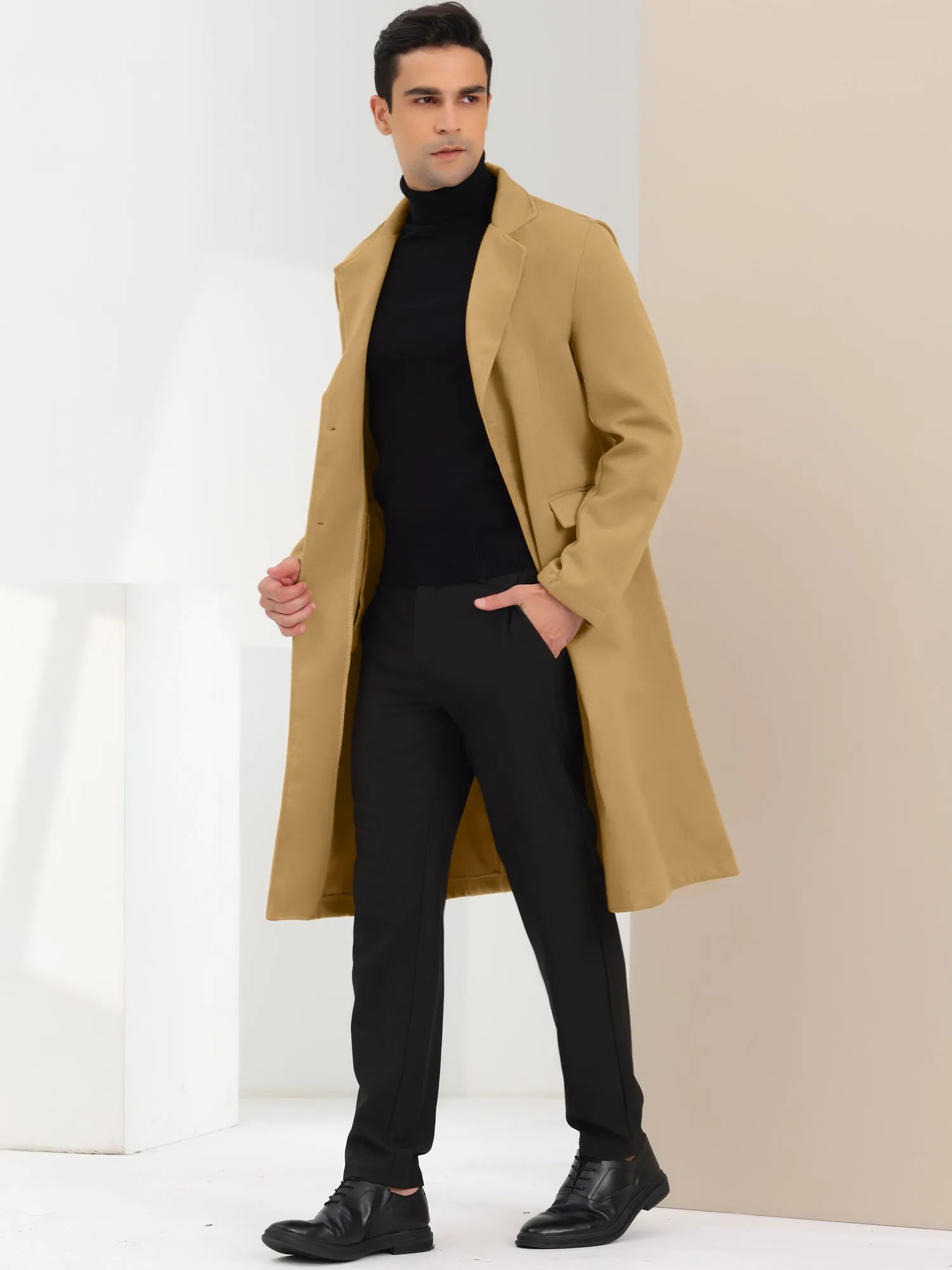 Men's Winter Pea Single Breasted Notched Lapel Long Trench Coat