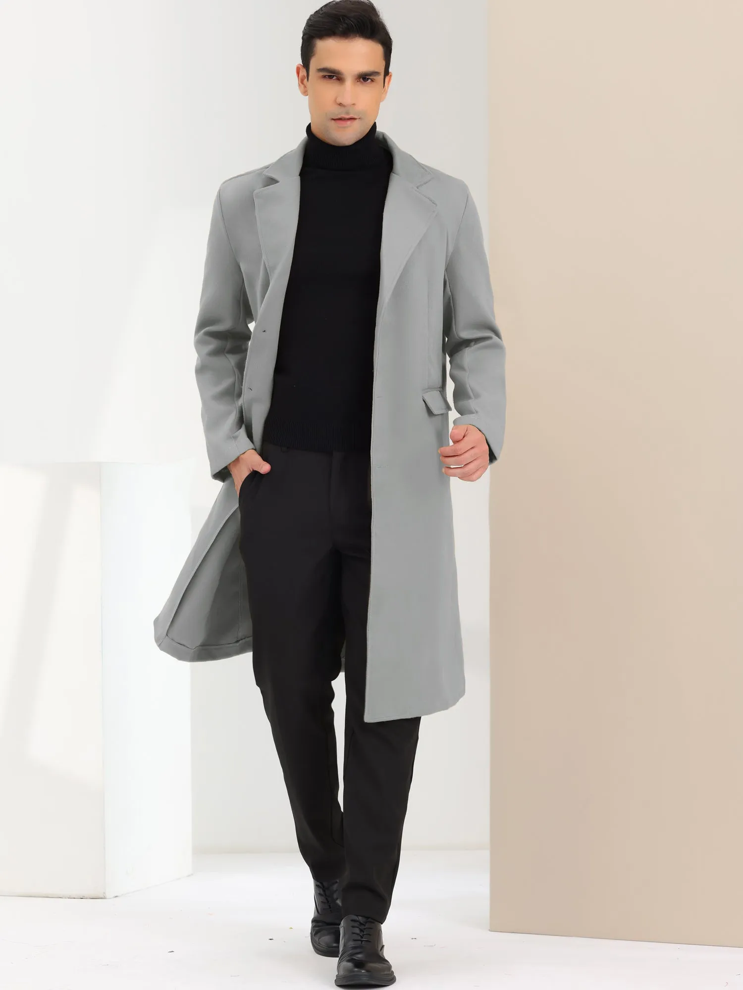 Men's Winter Pea Single Breasted Notched Lapel Long Trench Coat