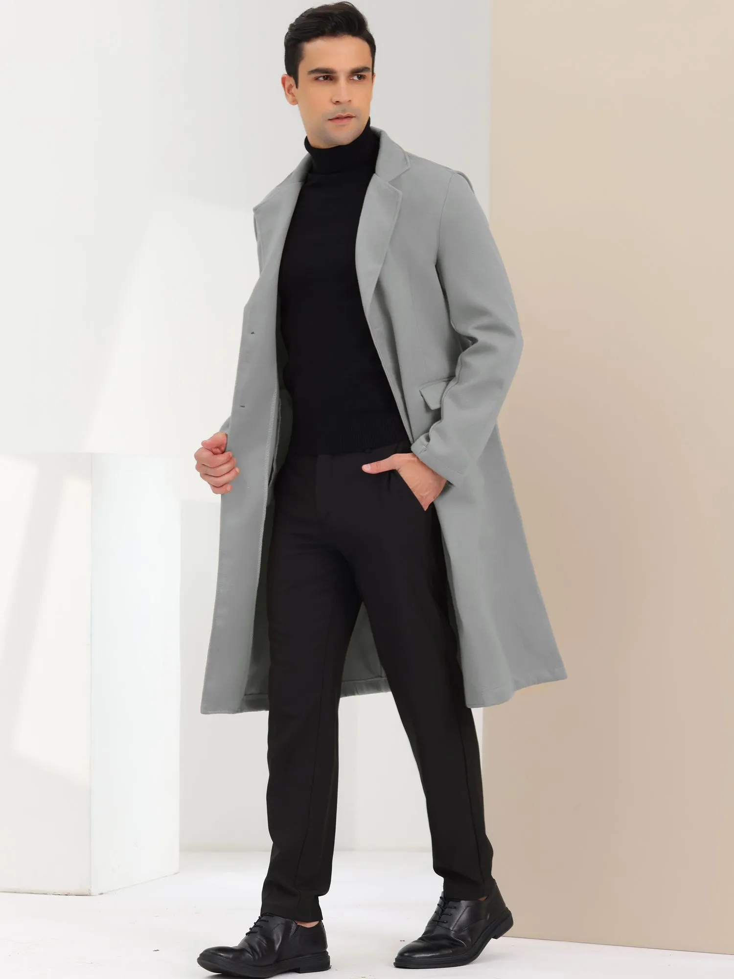 Men's Winter Pea Single Breasted Notched Lapel Long Trench Coat