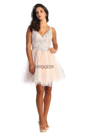 MQ 1817 - A-Line Homecoming Dress with Lace Applique V-Neck Bodice & Glitter Tulle Skirt Accented with Lace