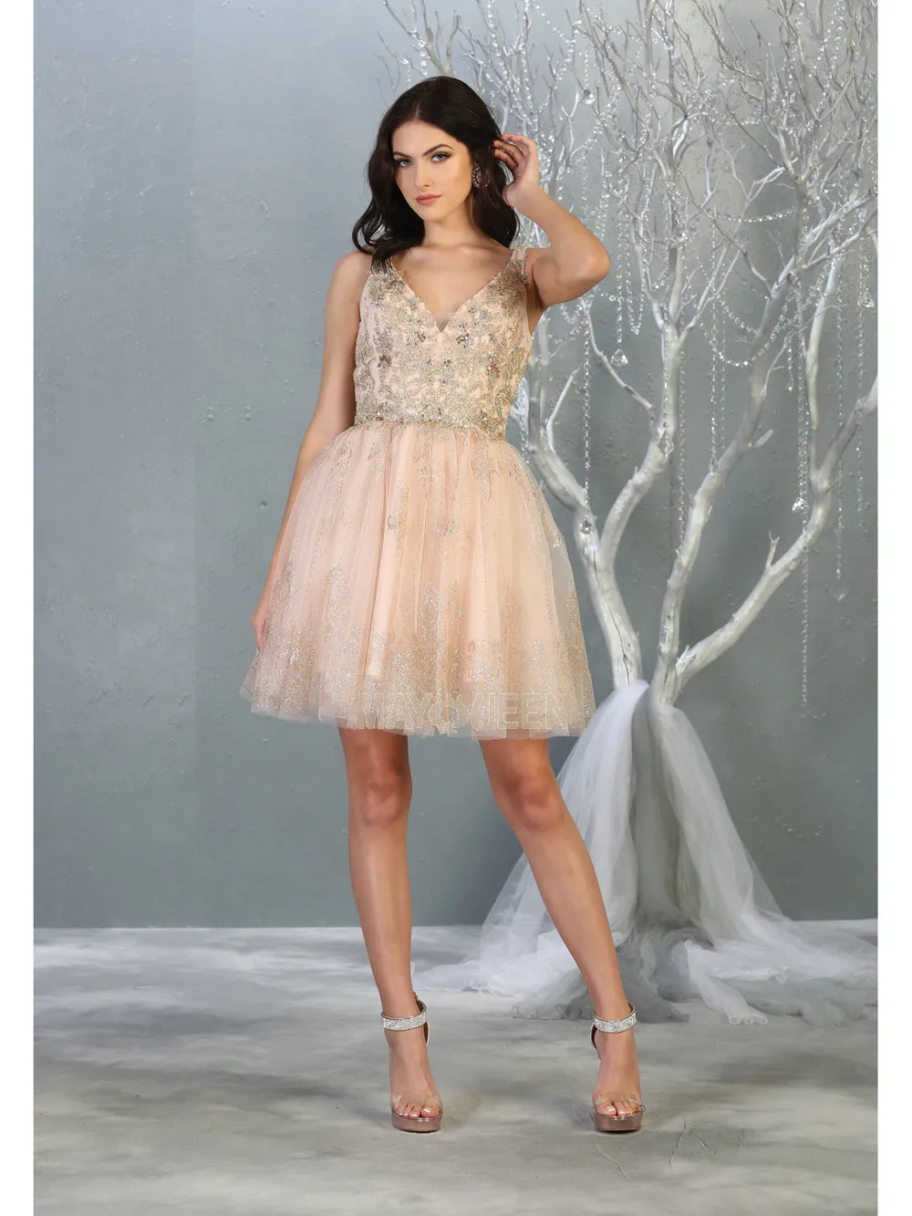 MQ 1817 - A-Line Homecoming Dress with Lace Applique V-Neck Bodice & Glitter Tulle Skirt Accented with Lace