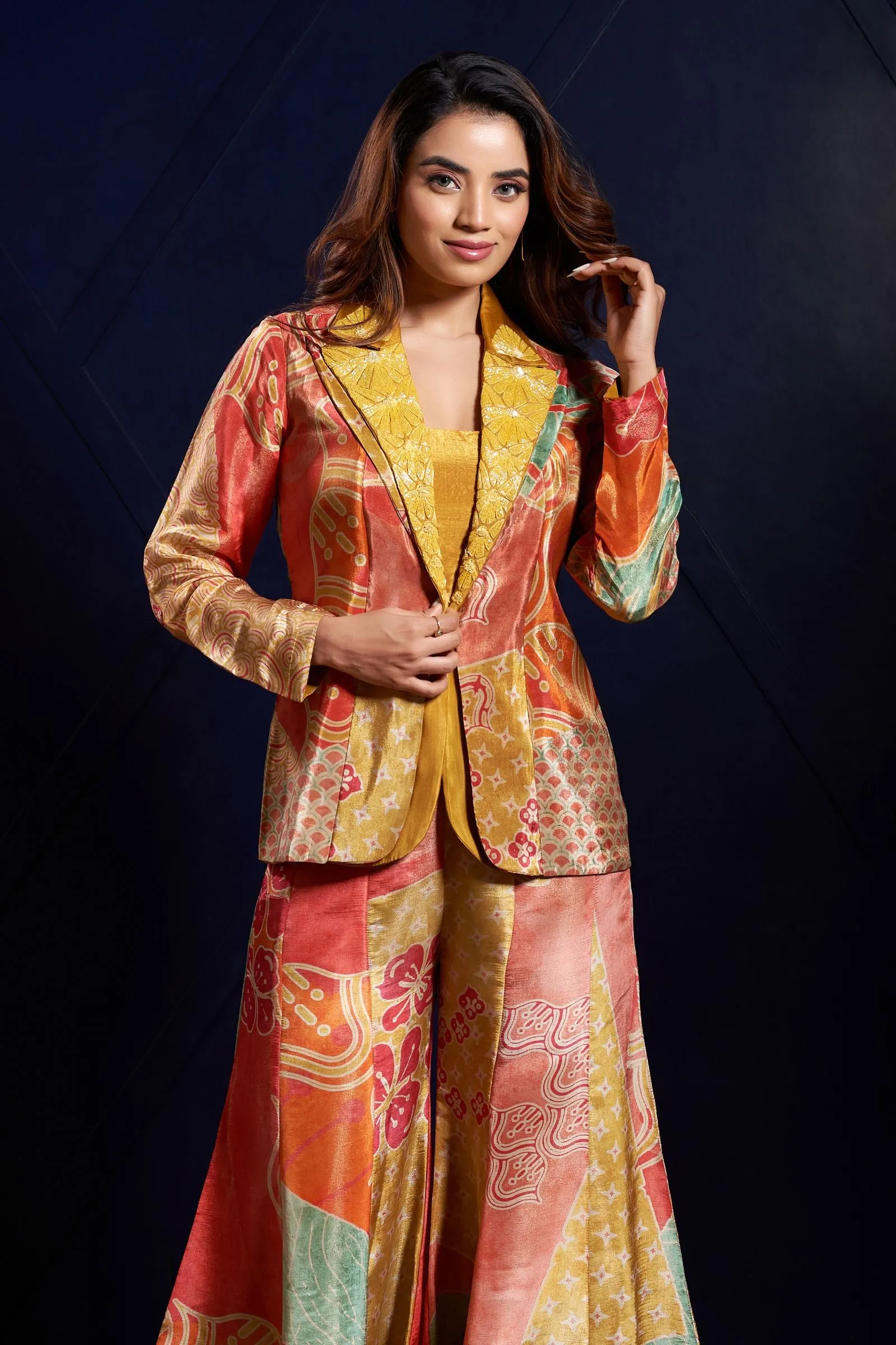 Mustard Yellow with Multicolor Digital Print Crop Top with Overcoat Styled Palazzo Suit Set