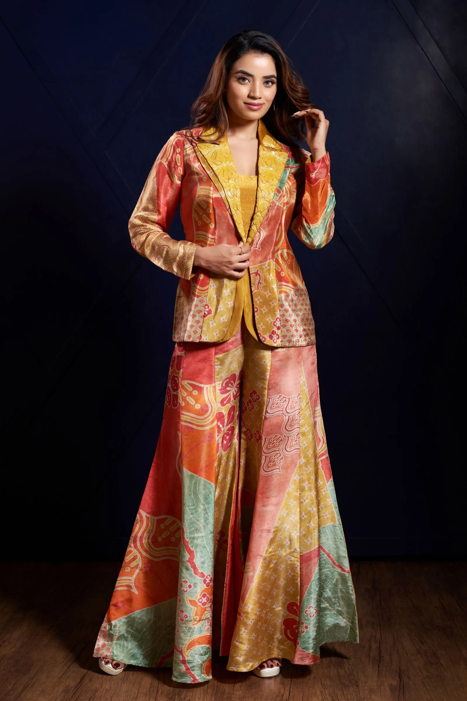 Mustard Yellow with Multicolor Digital Print Crop Top with Overcoat Styled Palazzo Suit Set