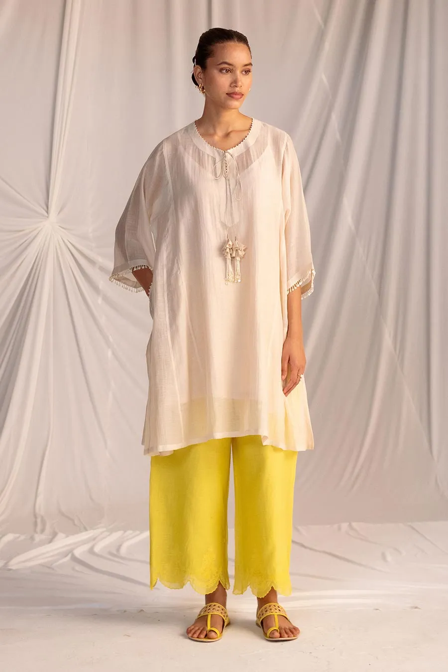 Off-White & Lime Yellow Embroidered Tunic with Pant Set