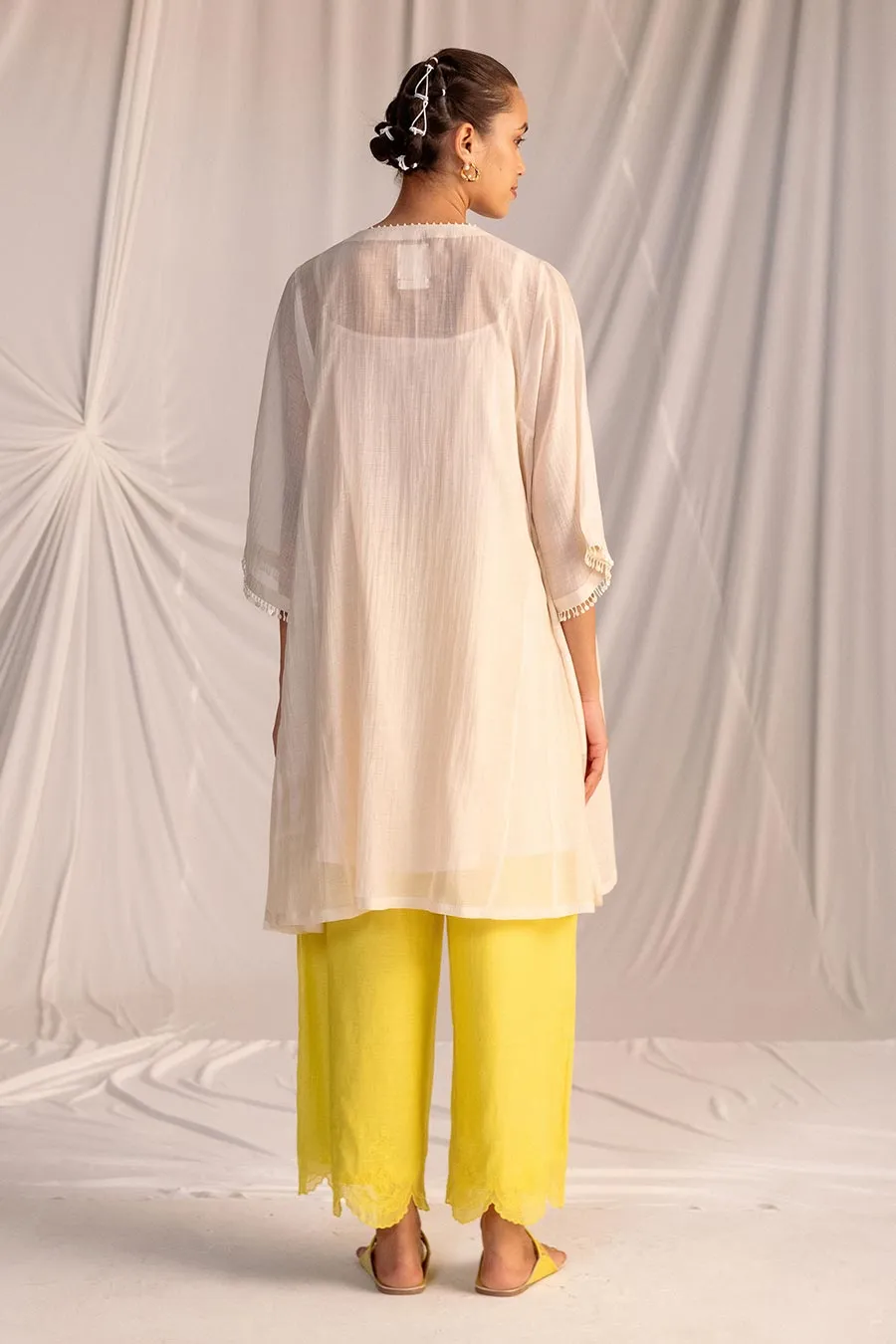 Off-White & Lime Yellow Embroidered Tunic with Pant Set