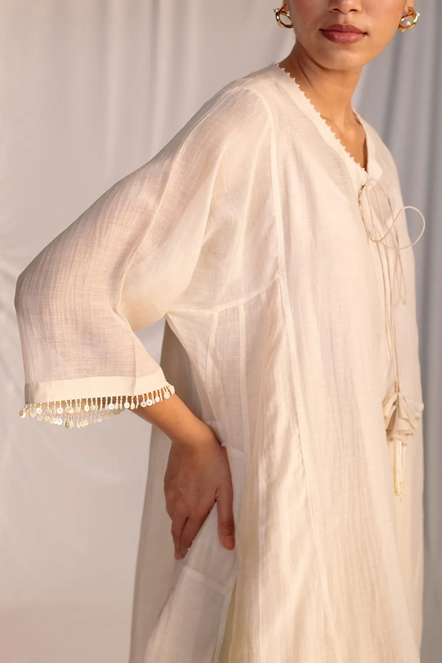 Off-White & Lime Yellow Embroidered Tunic with Pant Set