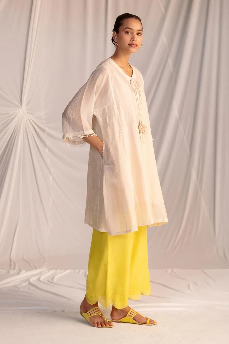 Off-White & Lime Yellow Embroidered Tunic with Pant Set