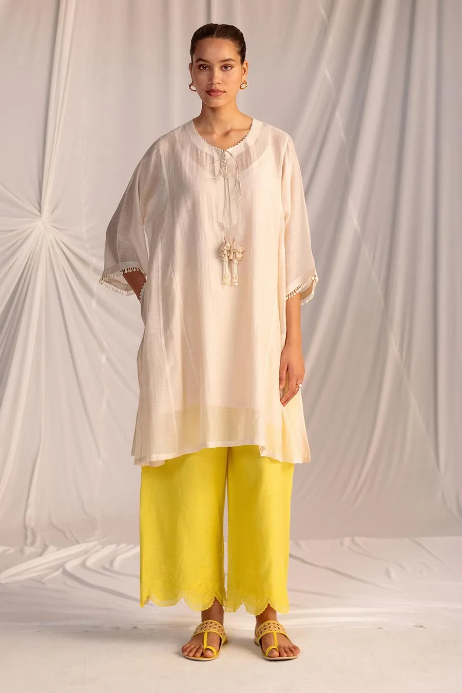 Off-White & Lime Yellow Embroidered Tunic with Pant Set