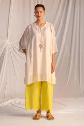 Off-White & Lime Yellow Embroidered Tunic with Pant Set
