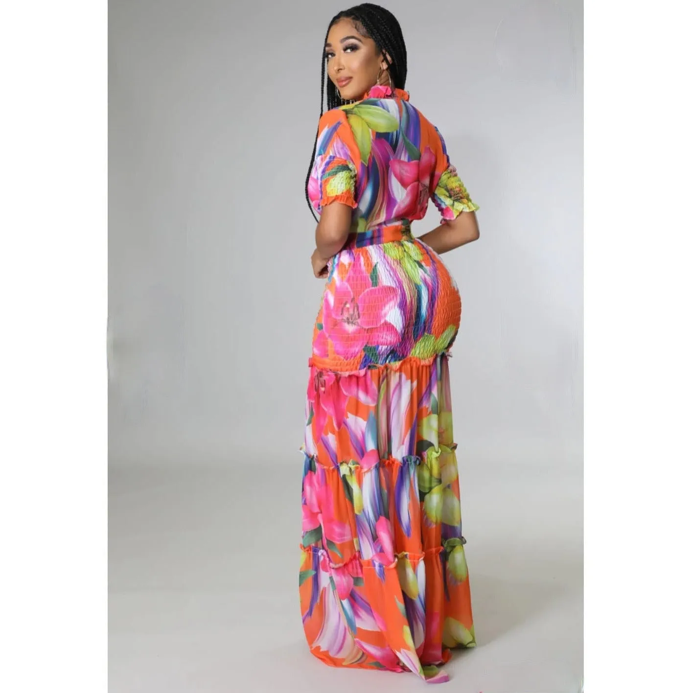 Pink Multi Floral Chiffon Dress Set - Pink