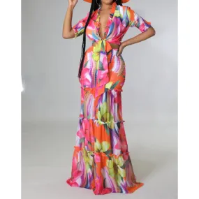 Pink Multi Floral Chiffon Dress Set - Pink
