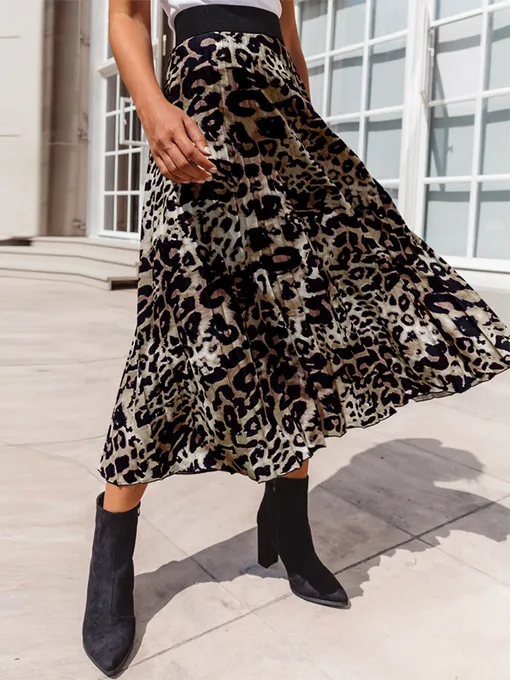 Pleated Leopard Print Long Skirt