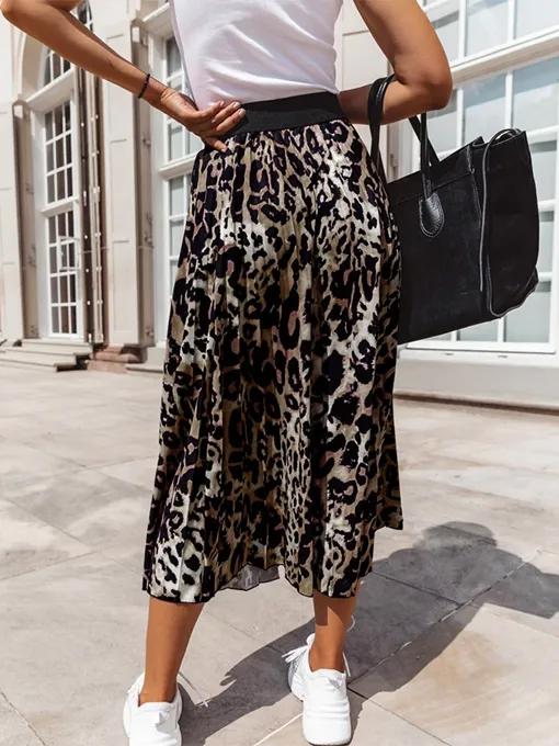 Pleated Leopard Print Long Skirt