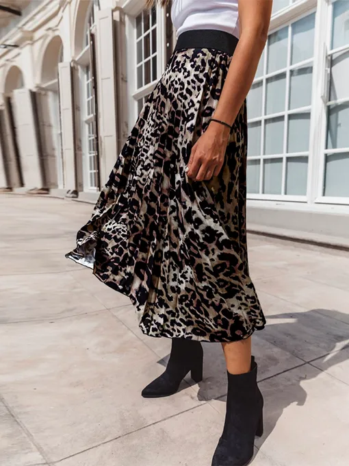 Pleated Leopard Print Long Skirt