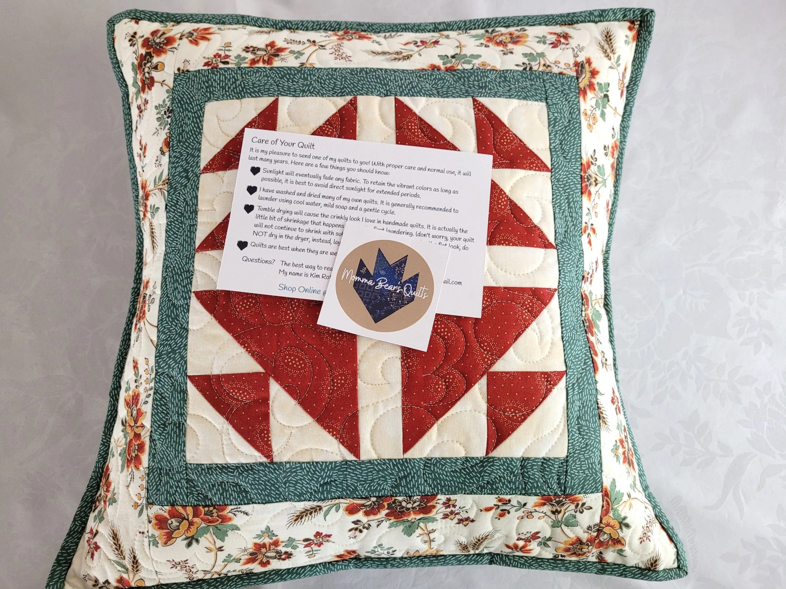 Quilted Patchwork Pillow in Red & Teal, 16 inch Pillow Cover
