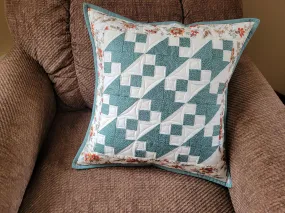 Quilted  Pillow, Teal Patchwork Throw Cushion, 16 inch Pillow Cover, Summer Decor