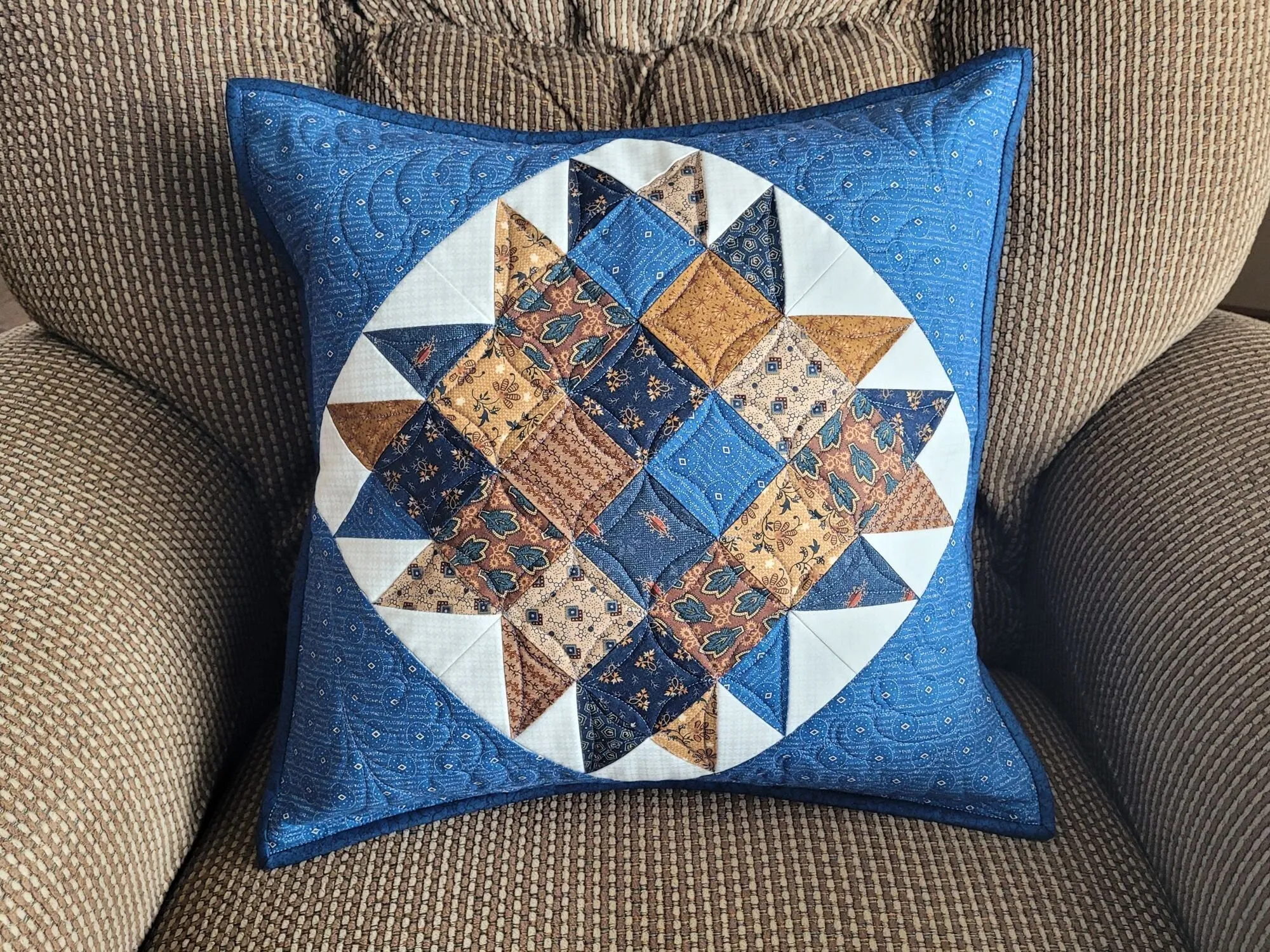 Quilted Throw Pillow, Blue and Brown