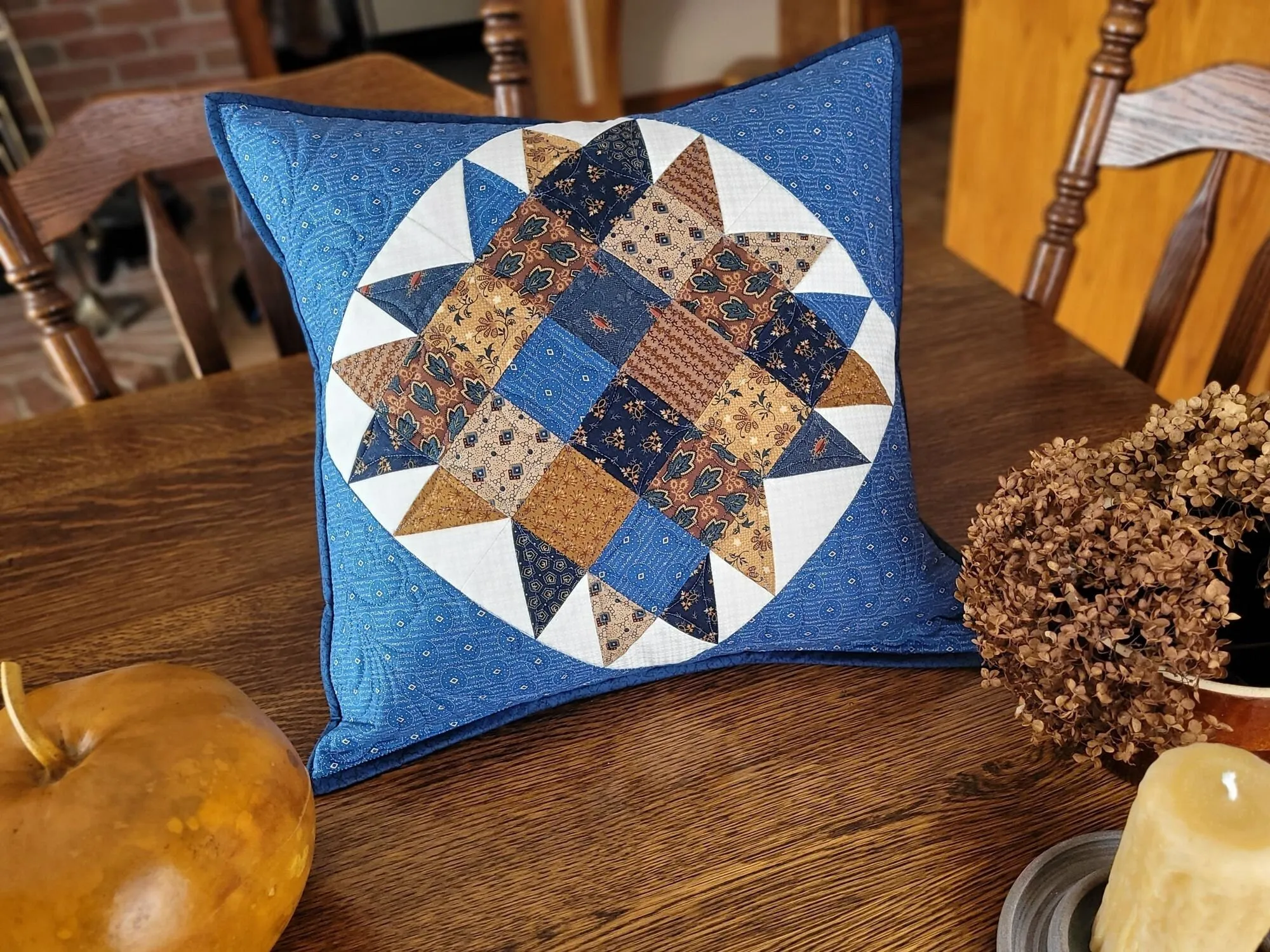 Quilted Throw Pillow, Blue and Brown