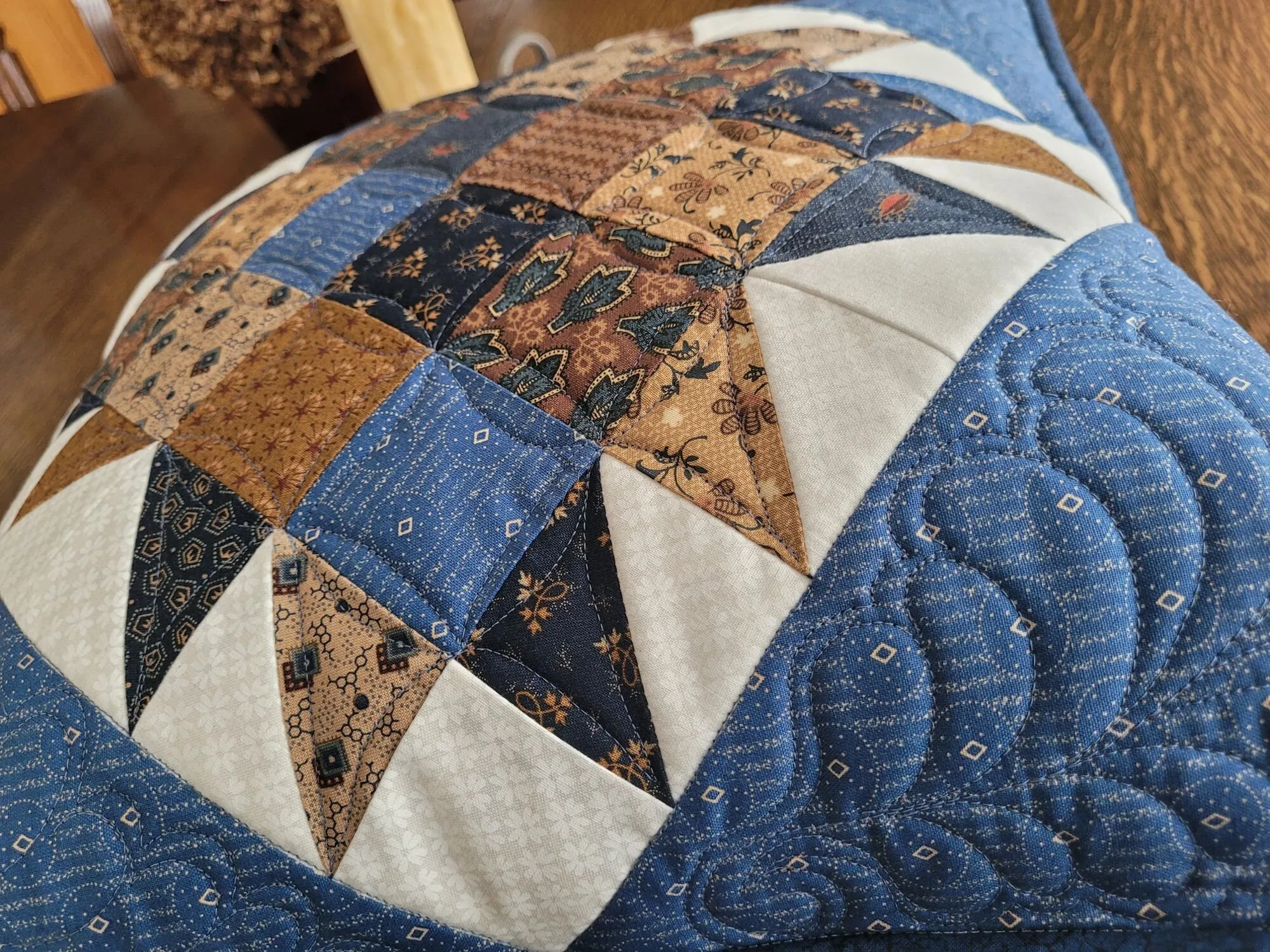 Quilted Throw Pillow, Blue and Brown