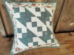 Quilted Throw Pillow, Teal Patchwork Cushion, 16 inch square