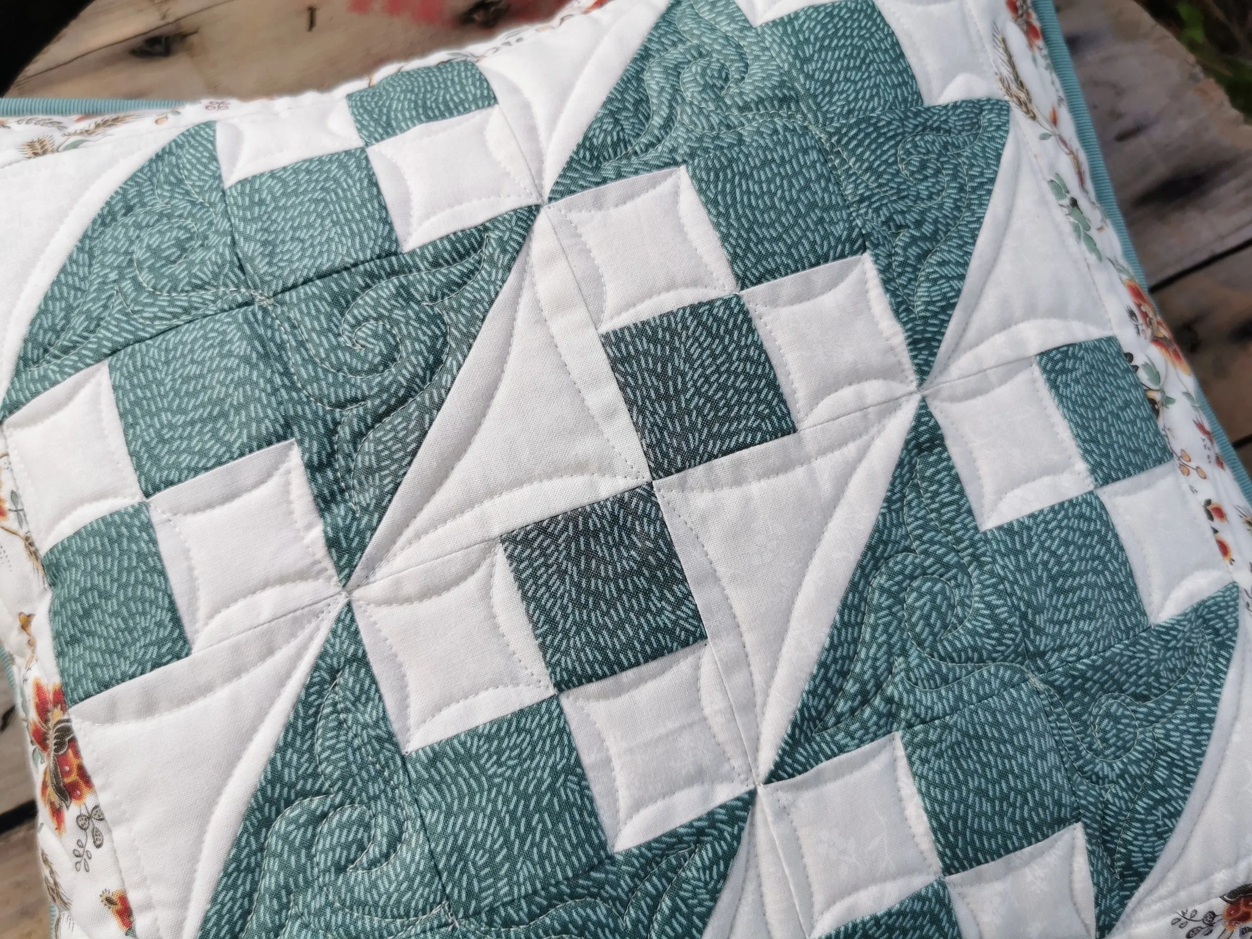 Quilted Throw Pillow, Teal Patchwork Cushion, 16 inch square