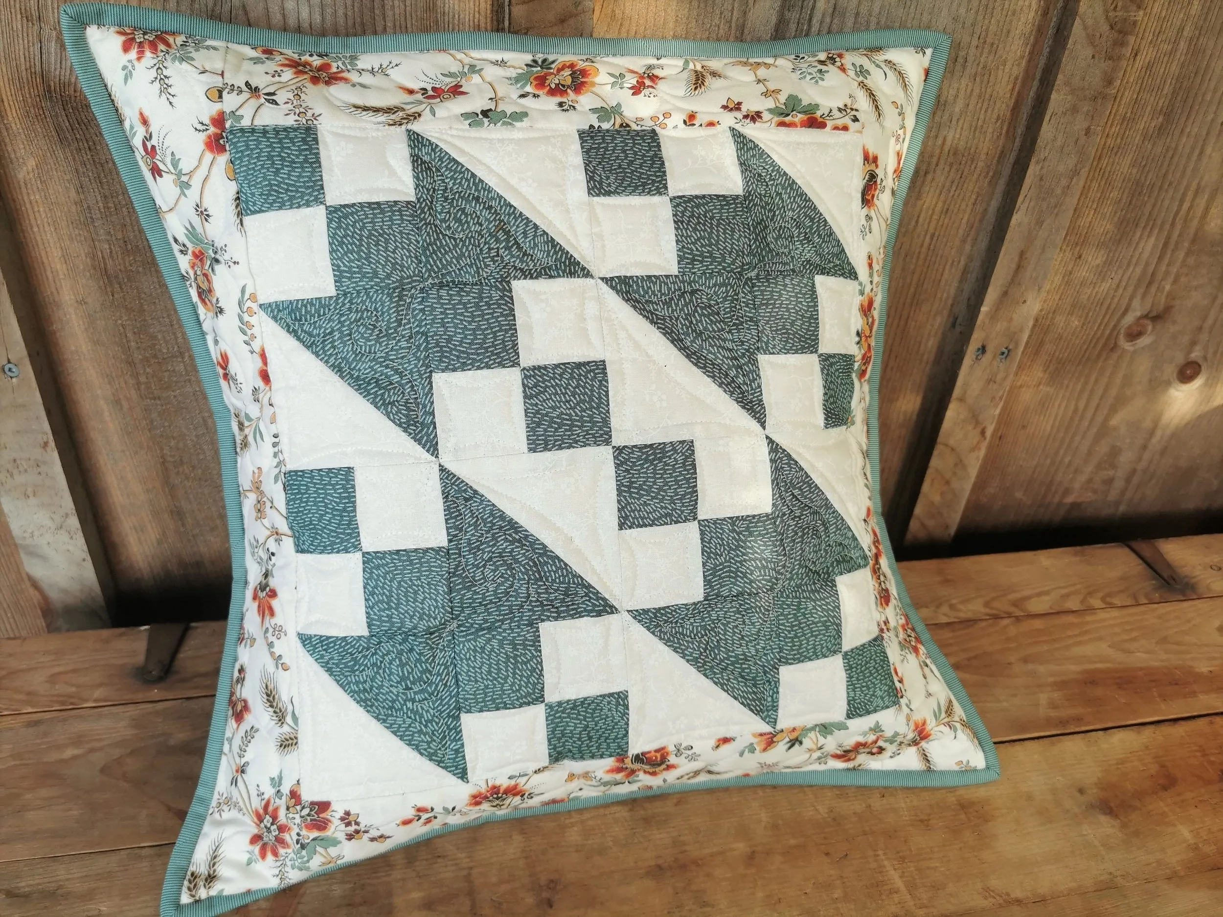 Quilted Throw Pillow, Teal Patchwork Cushion, 16 inch square