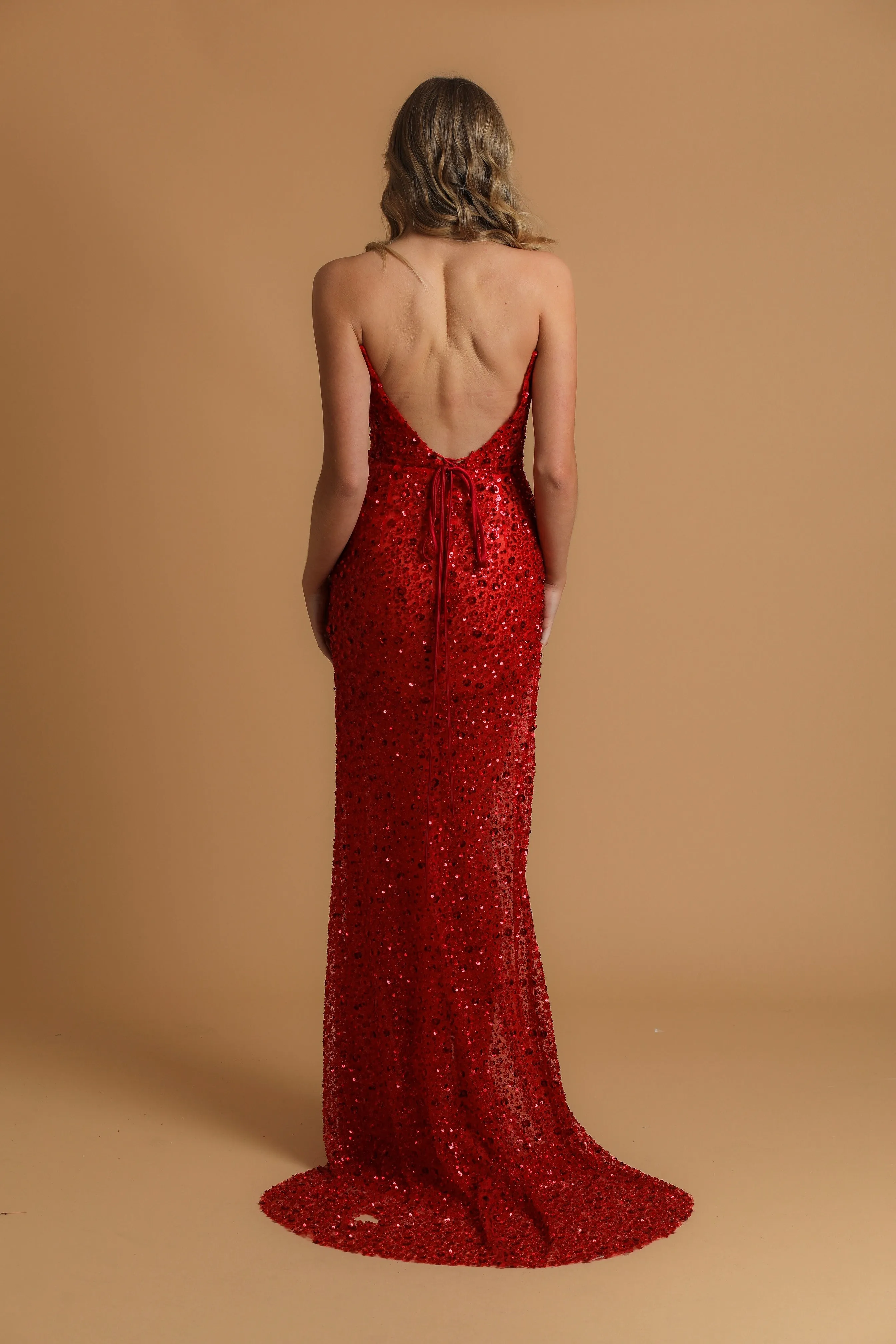 Red beaded wavy neck strapless corset dress