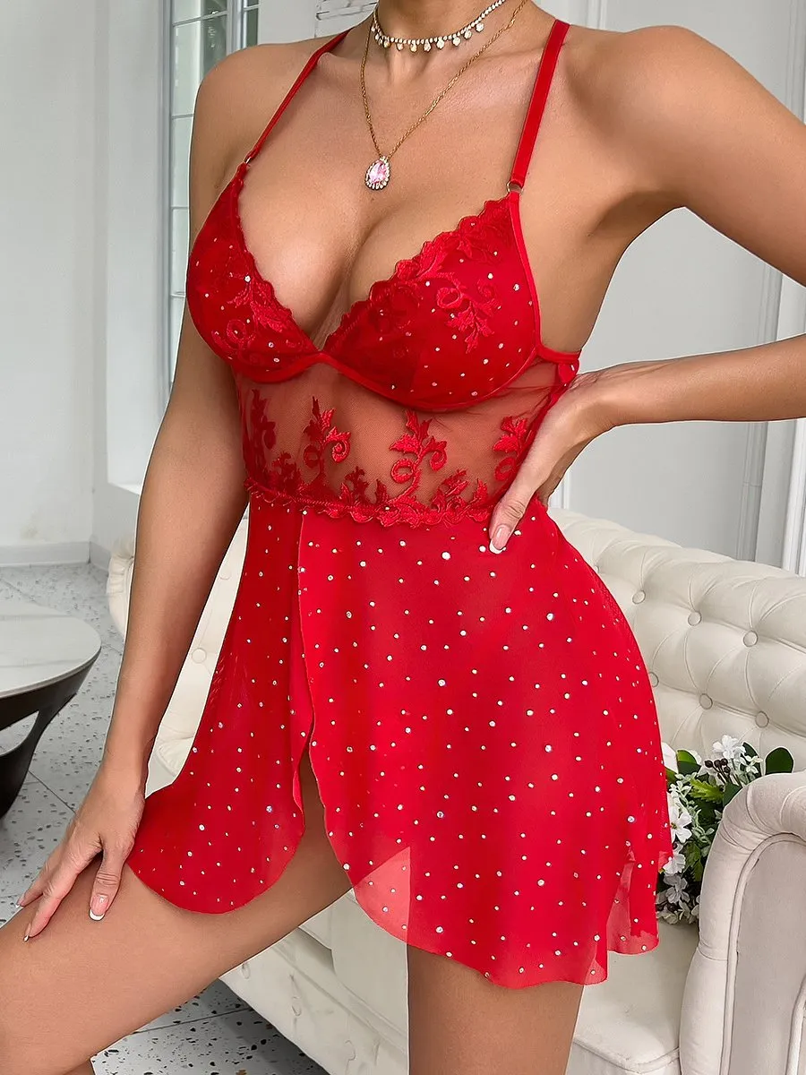 Red Lace Rhinestone Babydoll Set