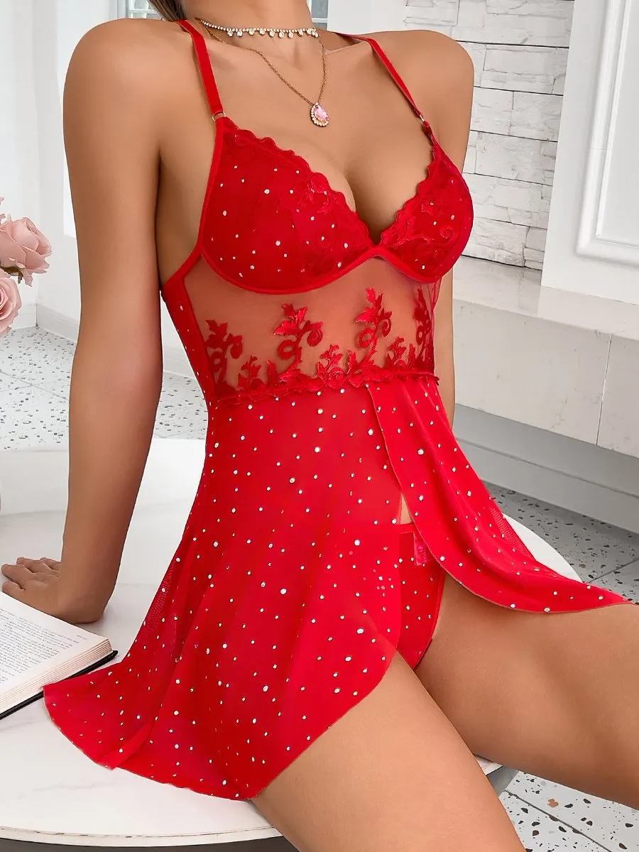 Red Lace Rhinestone Babydoll Set