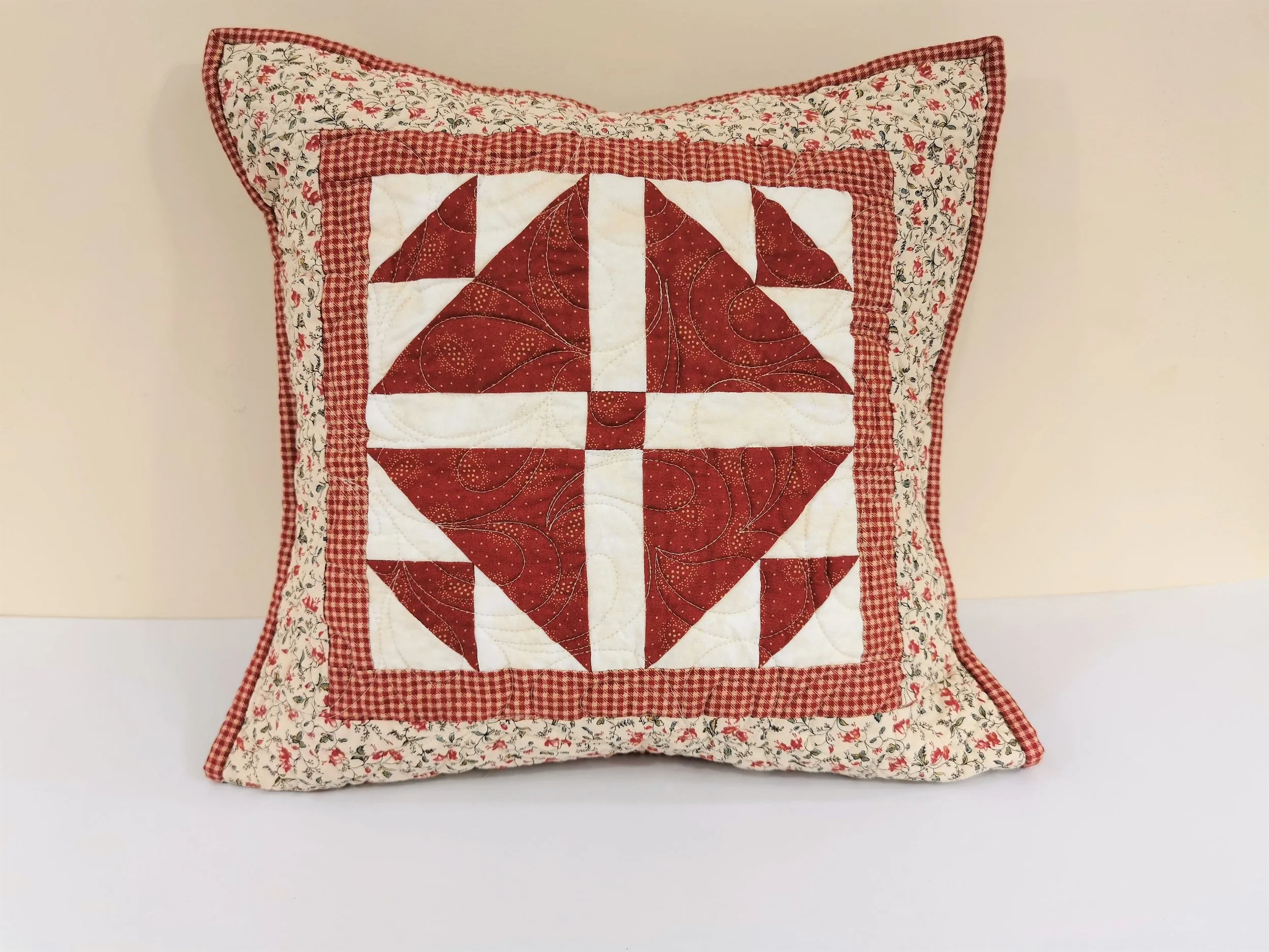 Red Patchwork Throw Pillow, 16 inch square