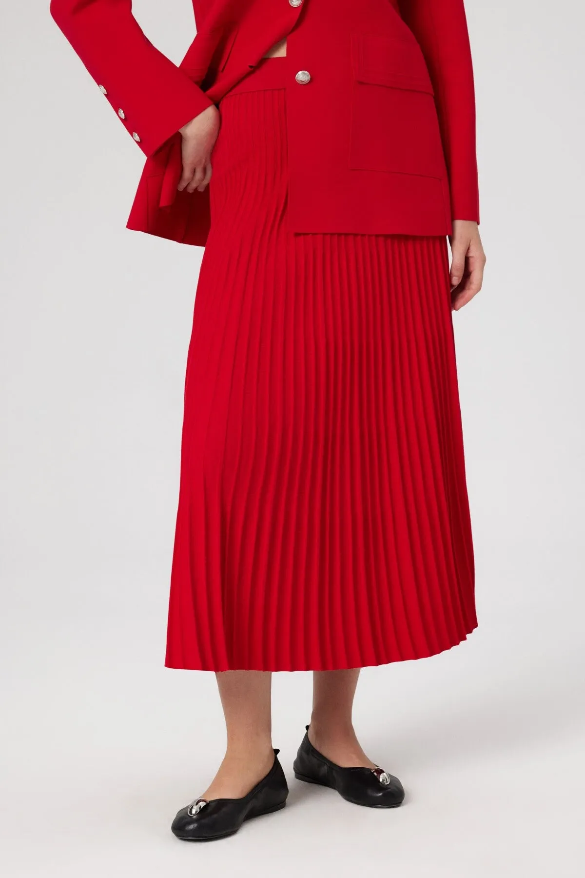 Red Pleated High Waist Long Skirt