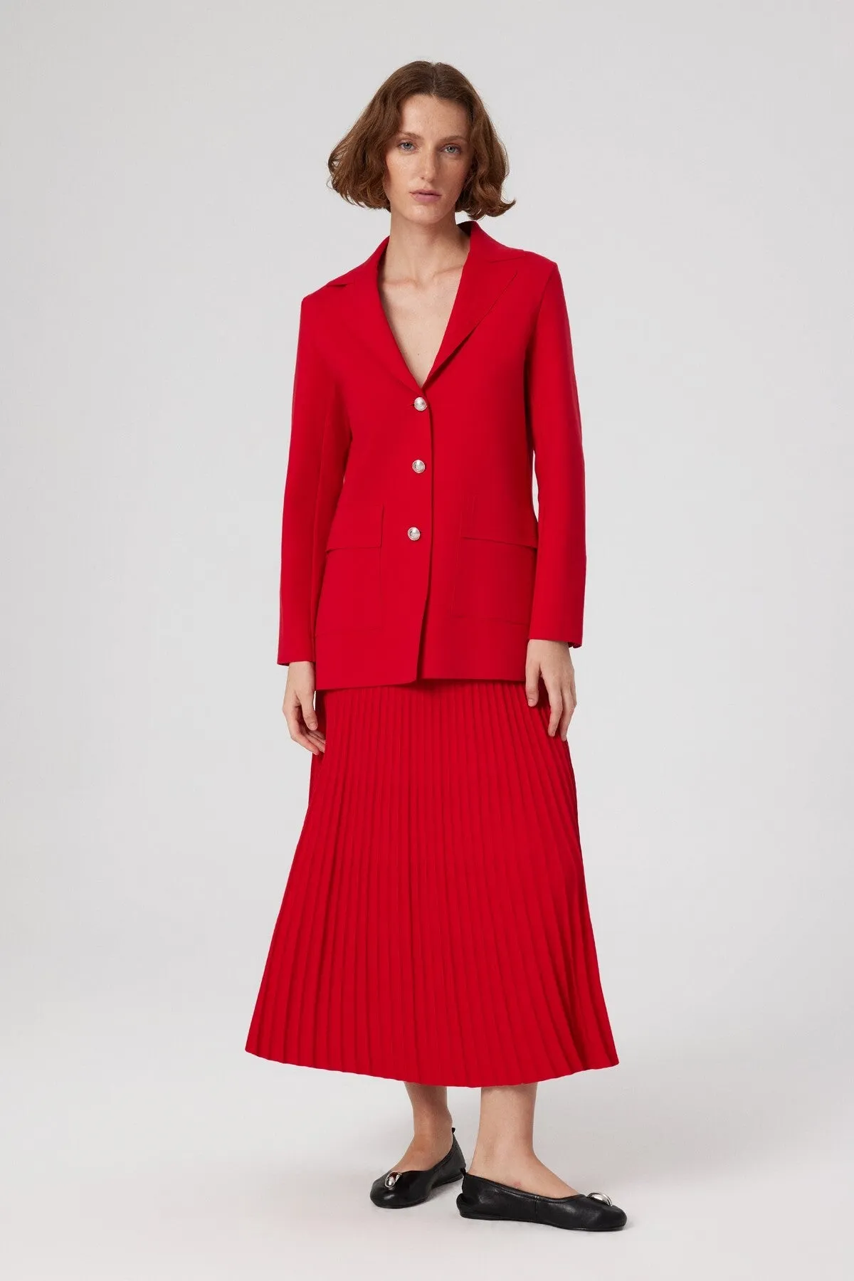 Red Pleated High Waist Long Skirt