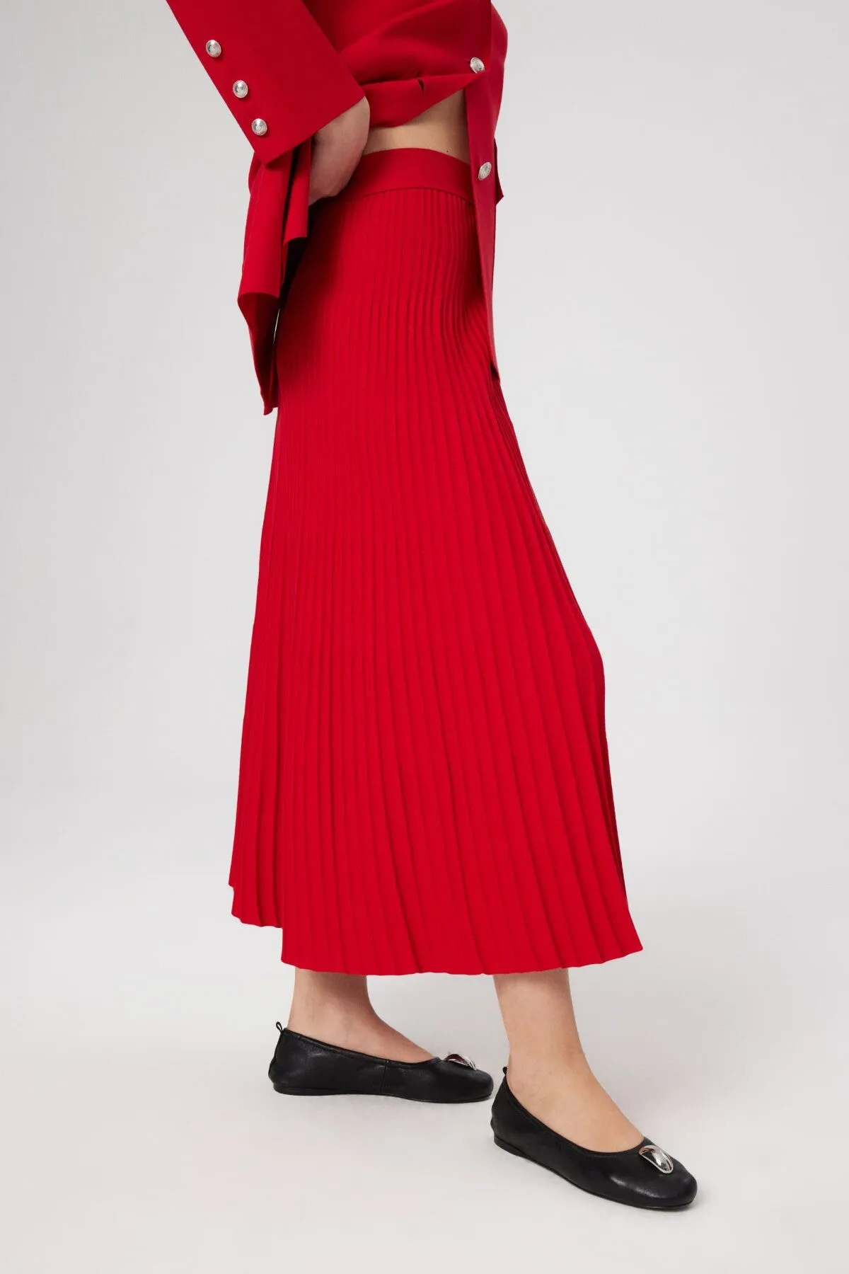 Red Pleated High Waist Long Skirt