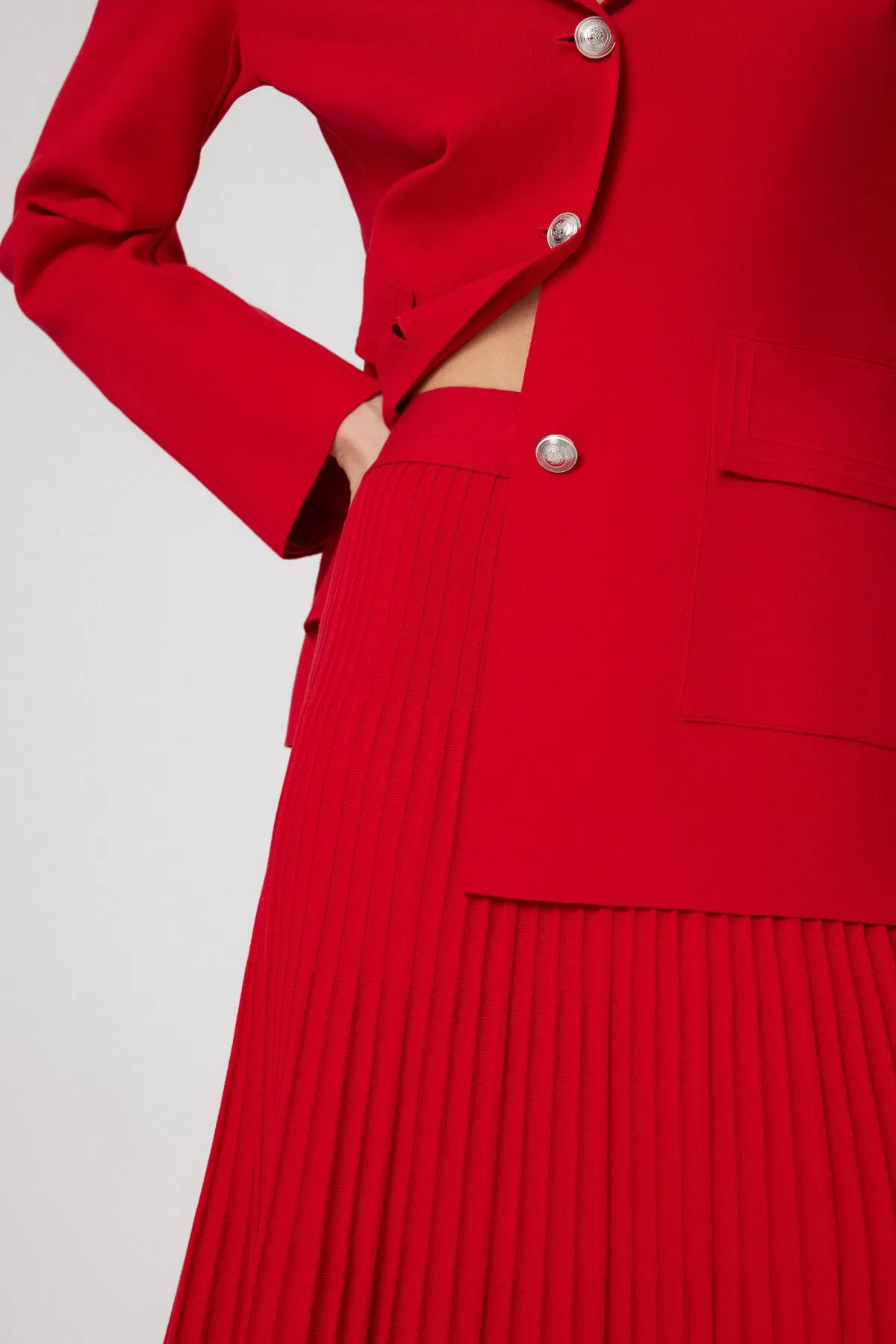 Red Pleated High Waist Long Skirt