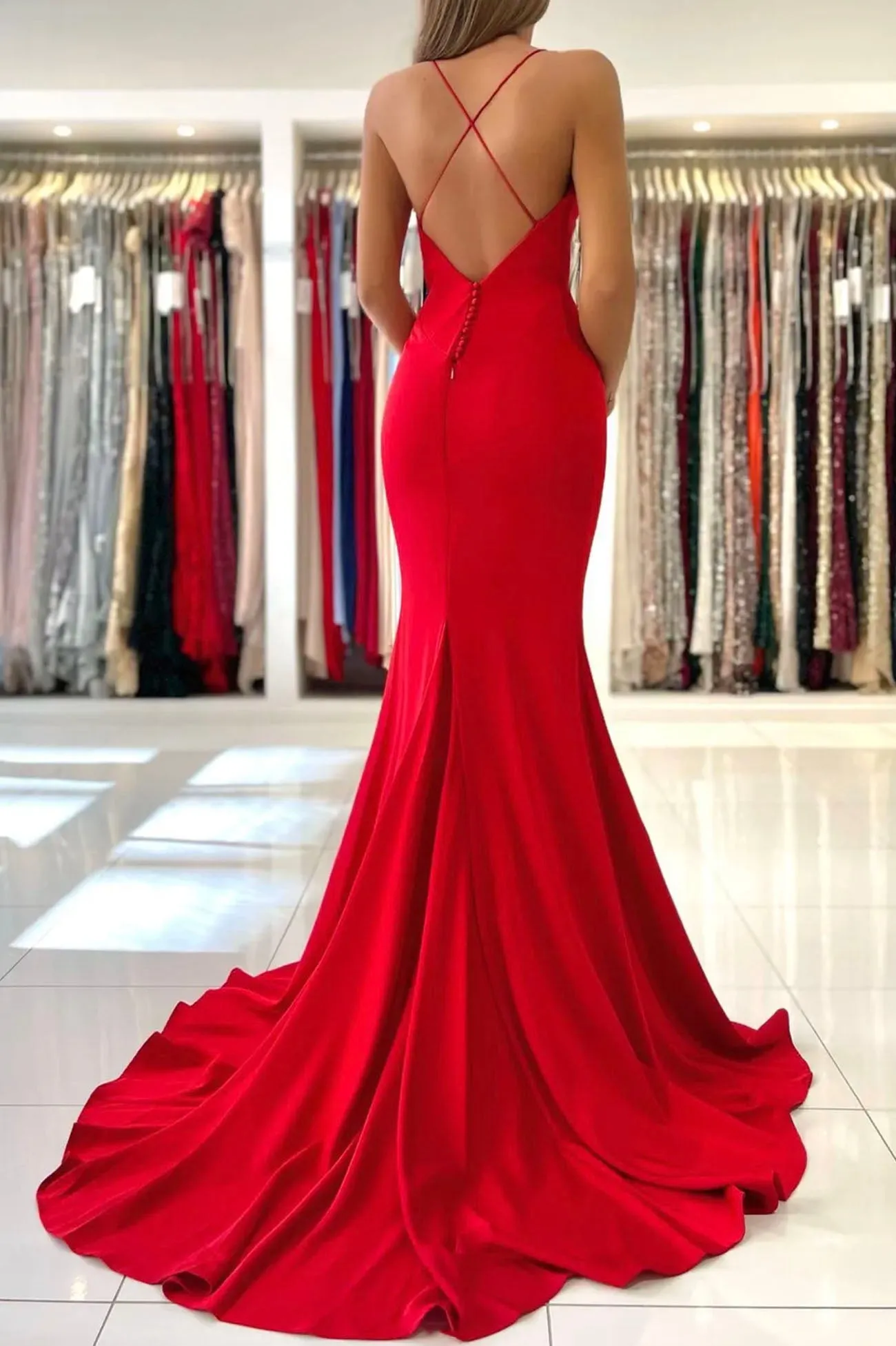 Red V-Neck Long Prom Dress, Mermaid Backless Evening Party Dress