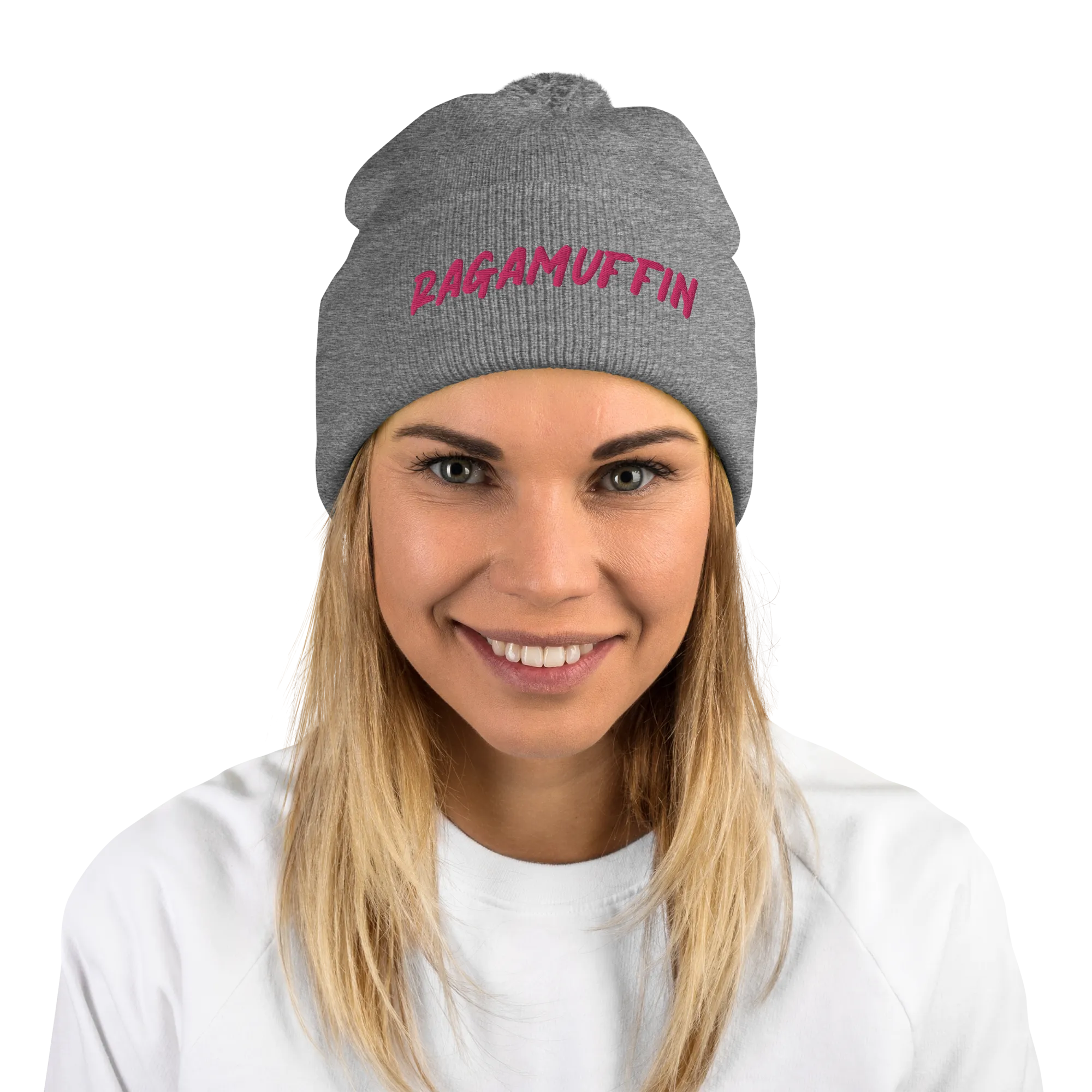 Retro Ragamuffin Beanie Pom Pom Winter Fold over Skullcap Embroidered Knit Hat
