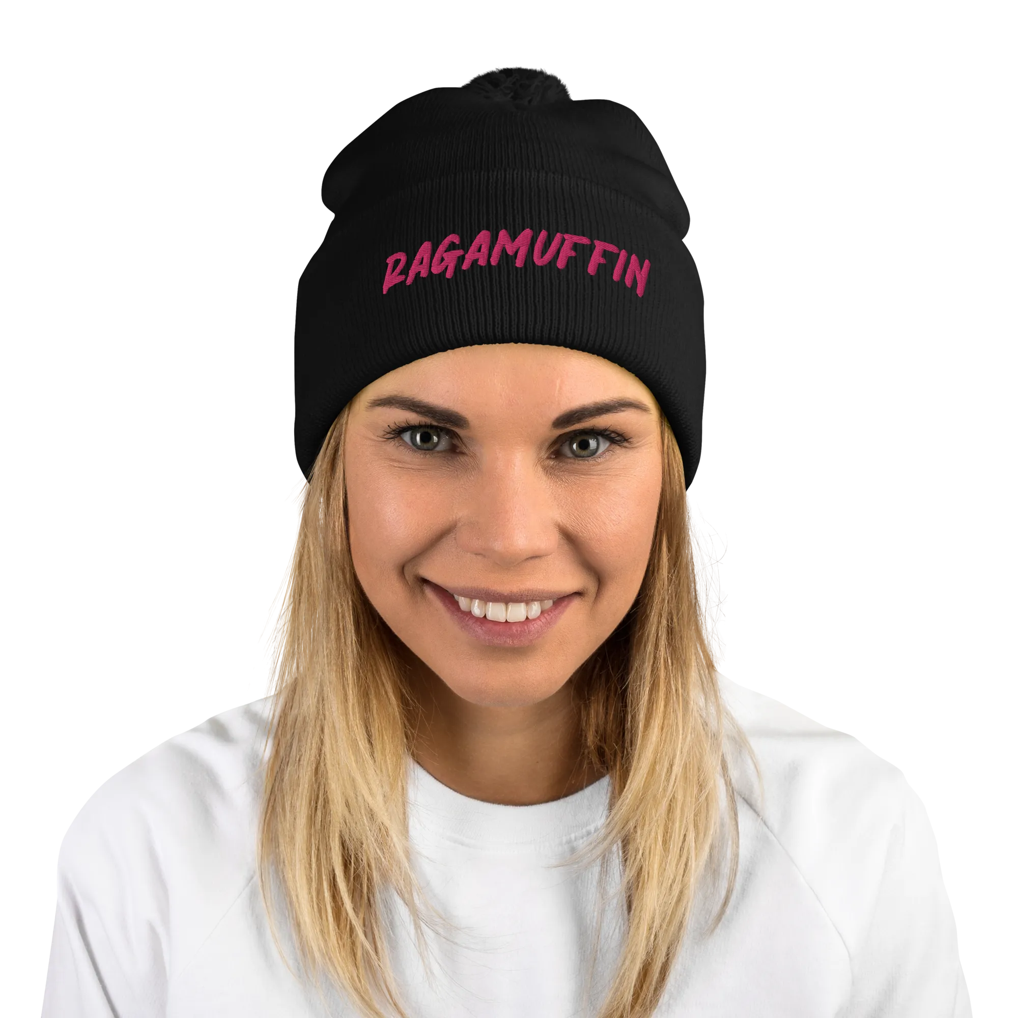 Retro Ragamuffin Beanie Pom Pom Winter Fold over Skullcap Embroidered Knit Hat