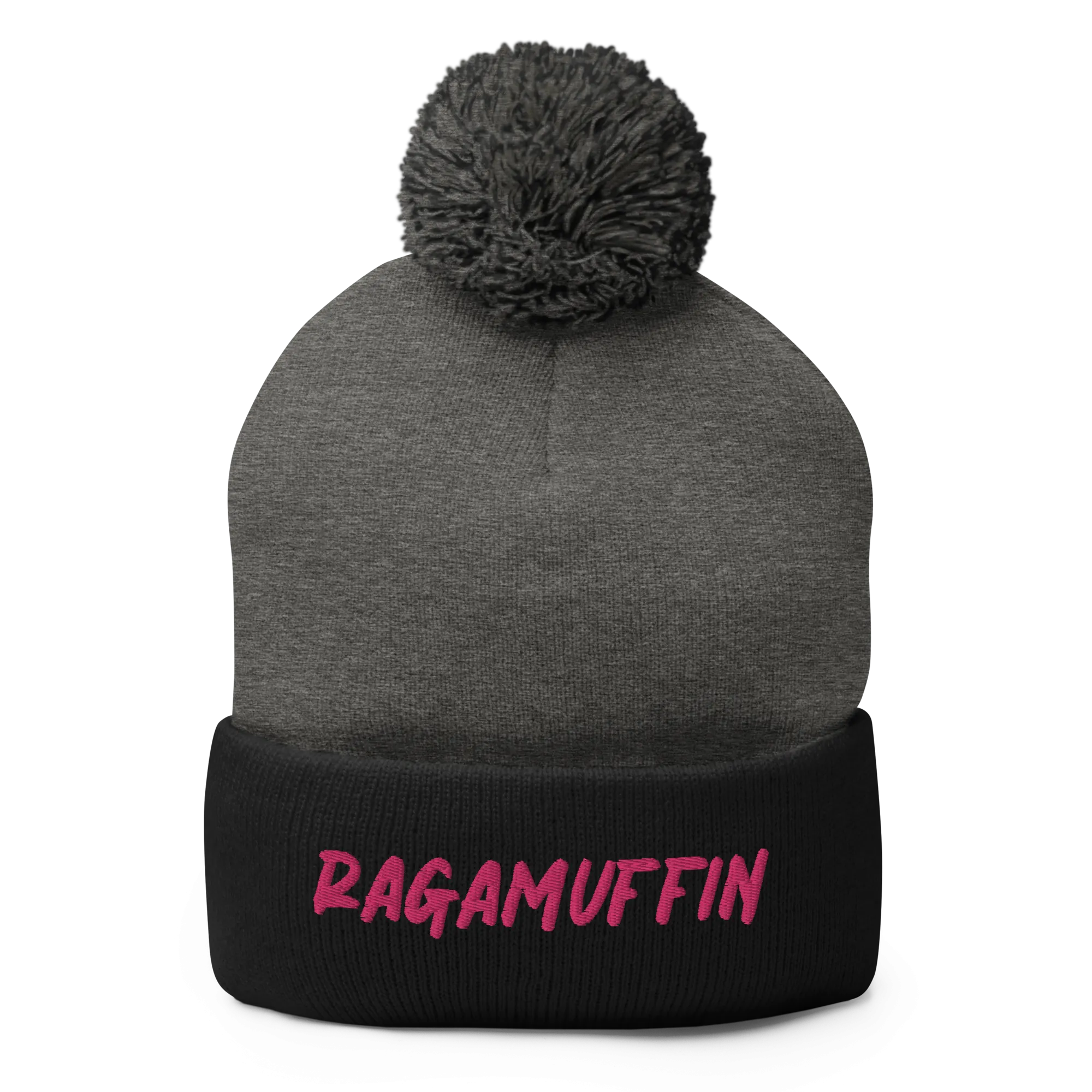 Retro Ragamuffin Beanie Pom Pom Winter Fold over Skullcap Embroidered Knit Hat