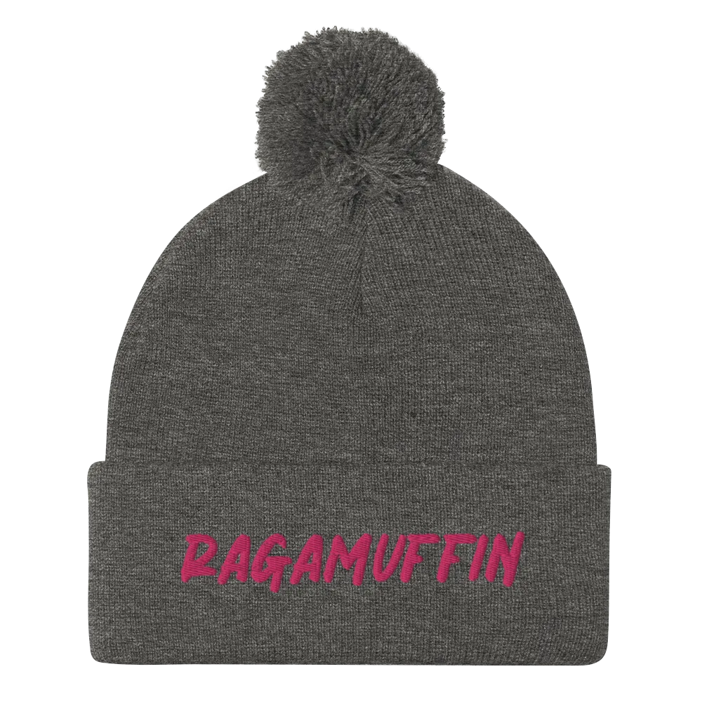 Retro Ragamuffin Beanie Pom Pom Winter Fold over Skullcap Embroidered Knit Hat