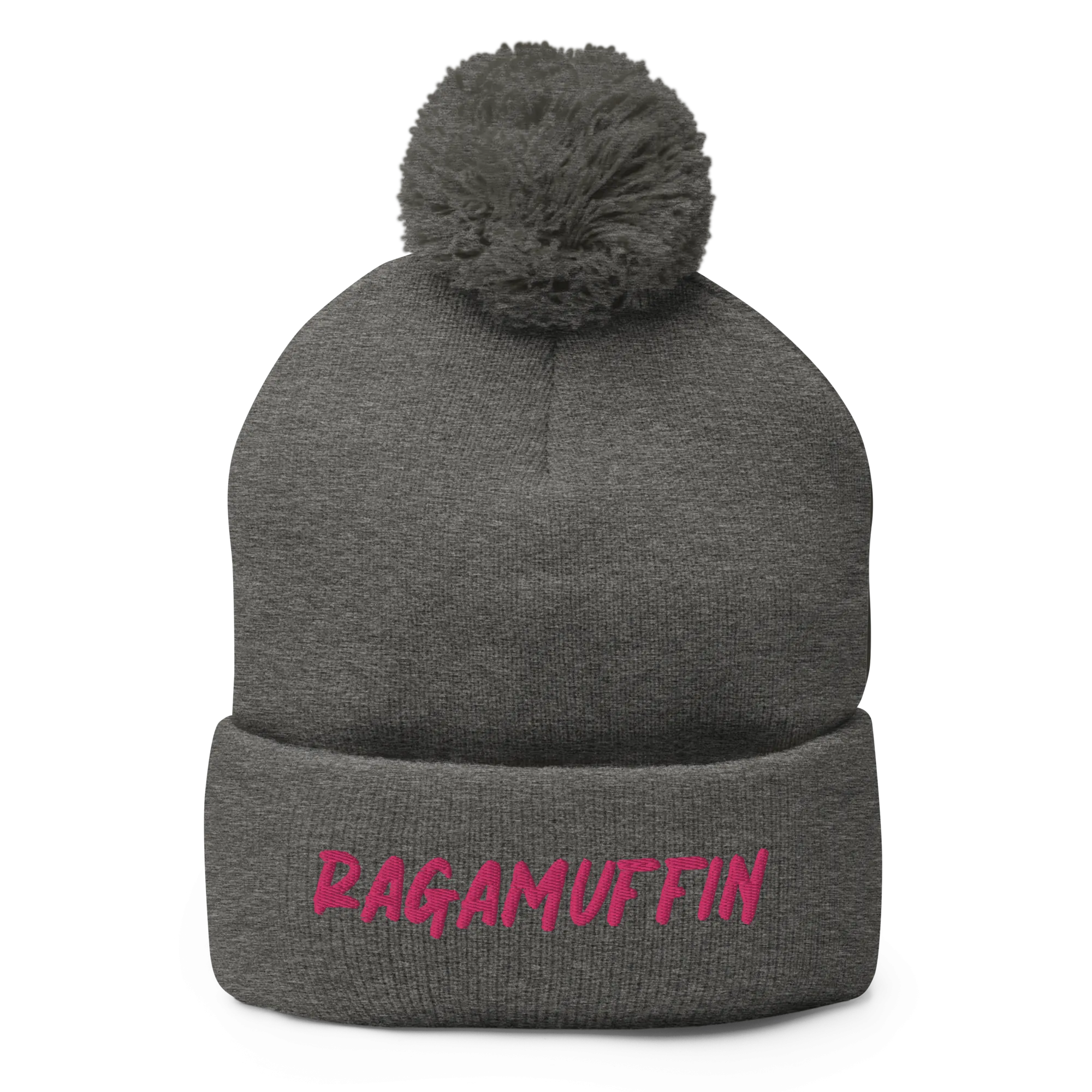 Retro Ragamuffin Beanie Pom Pom Winter Fold over Skullcap Embroidered Knit Hat