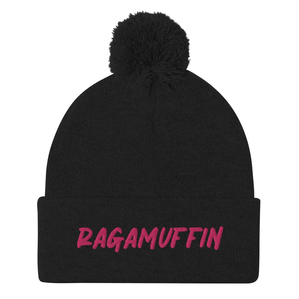 Retro Ragamuffin Beanie Pom Pom Winter Fold over Skullcap Embroidered Knit Hat