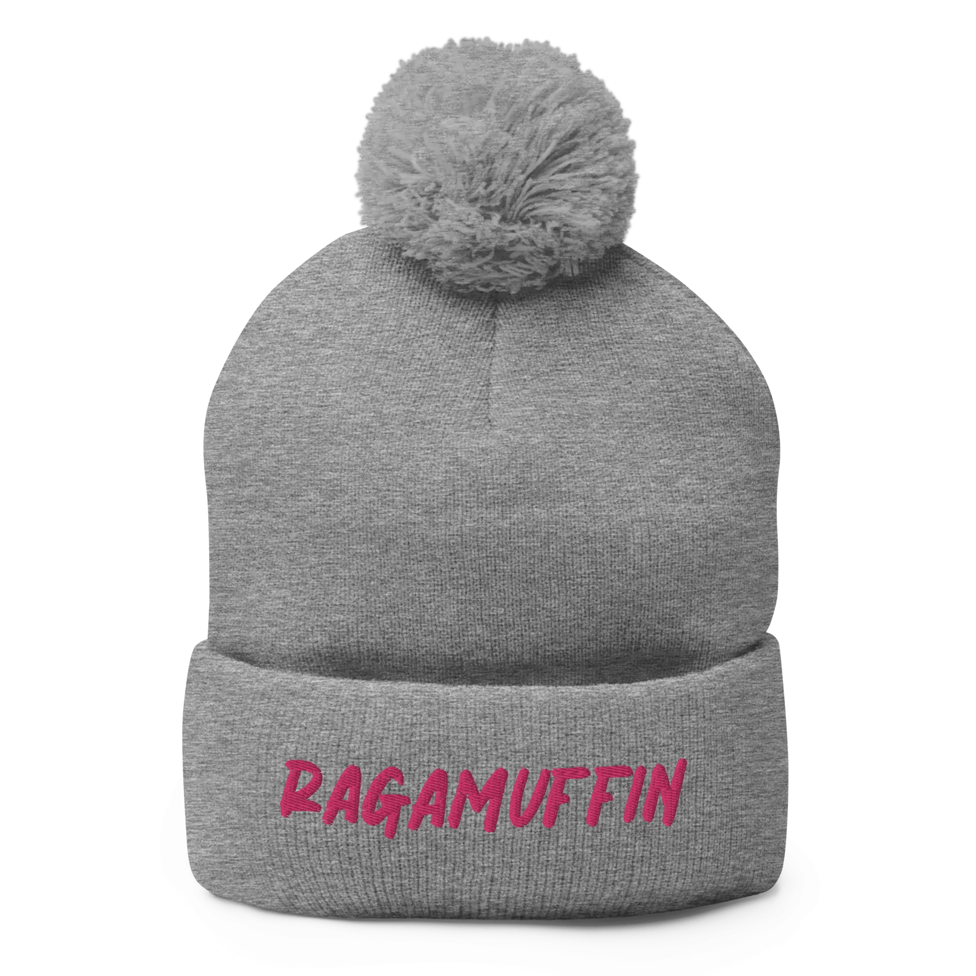 Retro Ragamuffin Beanie Pom Pom Winter Fold over Skullcap Embroidered Knit Hat