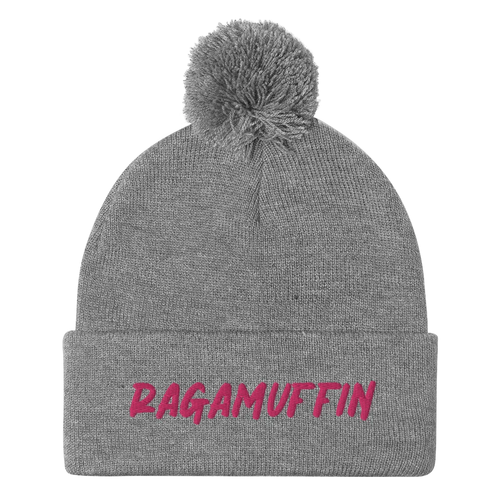 Retro Ragamuffin Beanie Pom Pom Winter Fold over Skullcap Embroidered Knit Hat