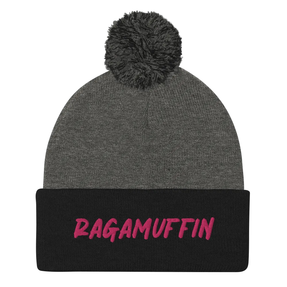 Retro Ragamuffin Beanie Pom Pom Winter Fold over Skullcap Embroidered Knit Hat